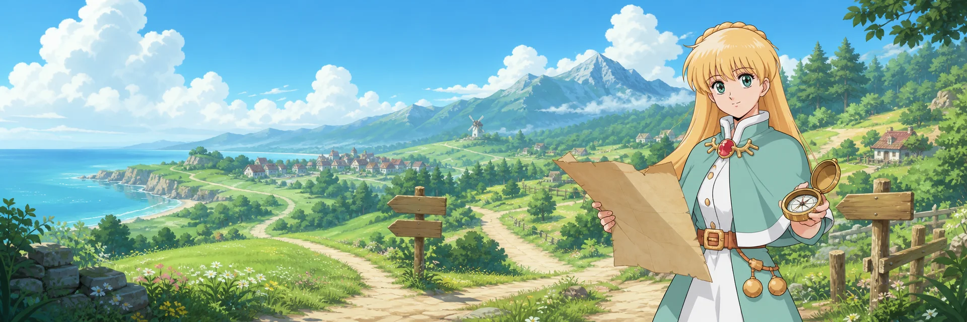 A traveler studies a map above the roads, coast and town of Mistria