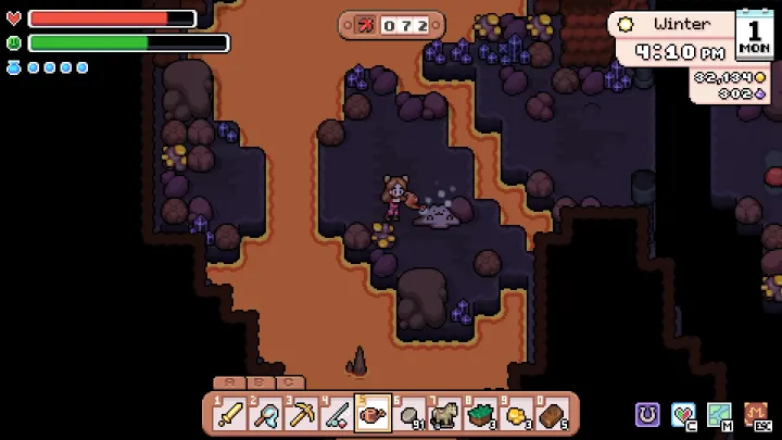 A player exploring a branching cave room in the Mines