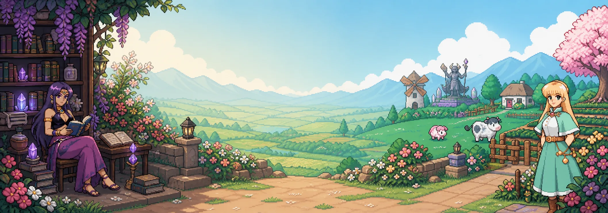 A spring almanac garden overlooking Mistria, with villagers, books, animals and distant mountains